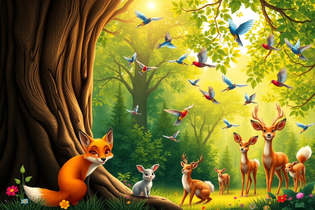 A Vibrant Gathering of Woodland Creatures – free AI stock image