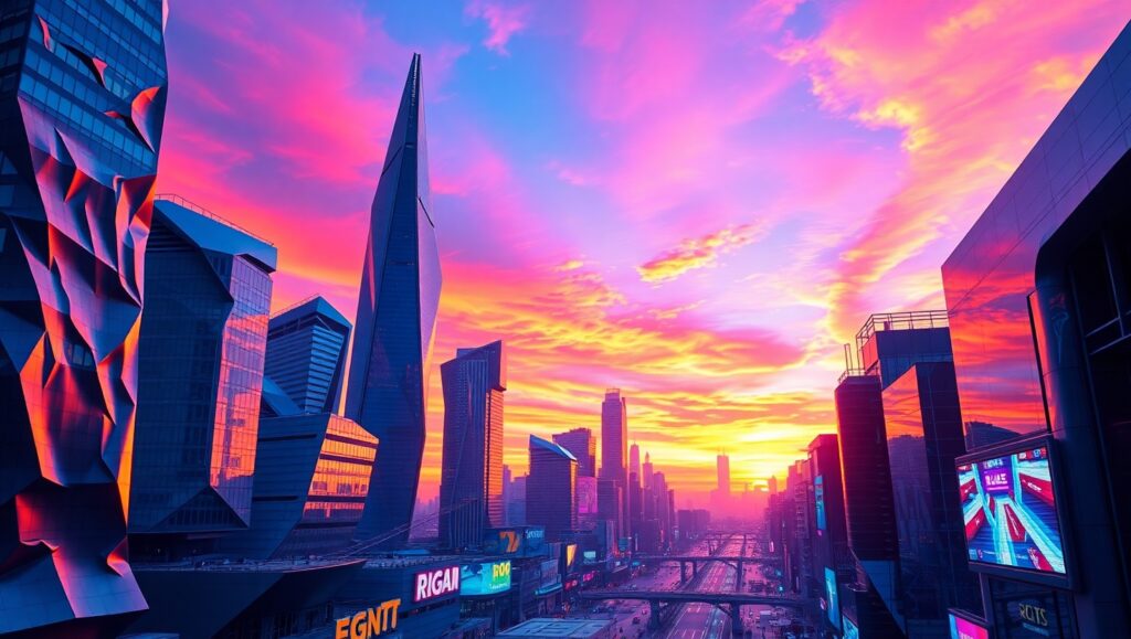 Vibrant Glitch Cityscape at Dusk – free AI stock image