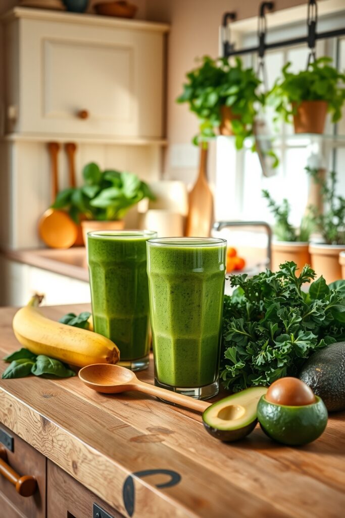 Vibrant Green Smoothies in a Cozy Kitchen – free AI stock image
