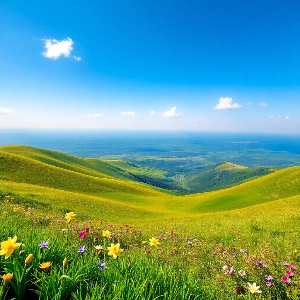 Vibrant Green Valley Under Clear Blue Sky – free AI stock image