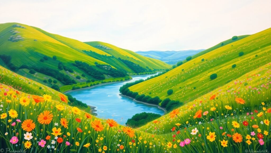 Vibrant Hills and Serene River – free AI stock image