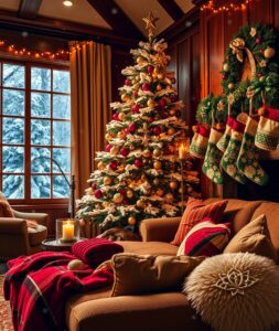 Vibrant Holiday Decorations in Cozy Living Room – free AI stock image