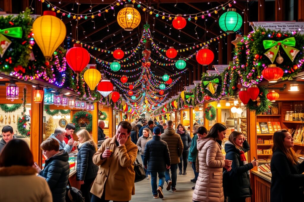 Vibrant Holiday Market Filled with Cheer – free AI stock image