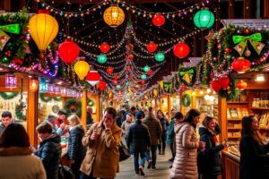 Vibrant Holiday Market Filled with Cheer – free AI stock image