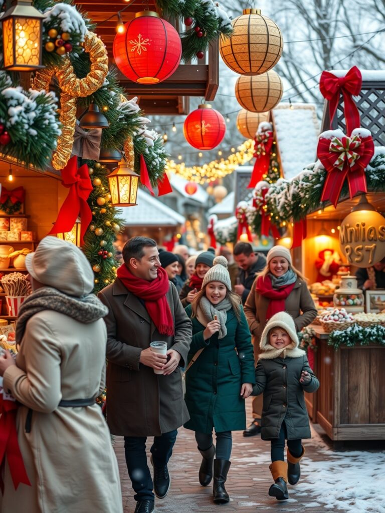 Vibrant Holiday Market Under Twinkling Lights – free AI stock image