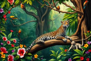 A Vibrant Jungle Filled with Exotic Animals – free AI stock image