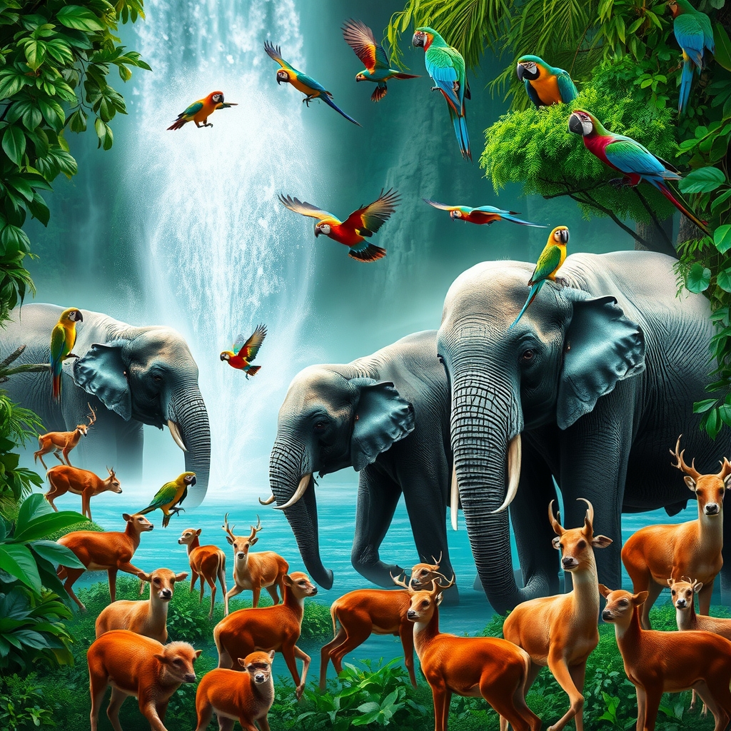 A Vibrant Jungle Gathering of Animals – free AI stock image