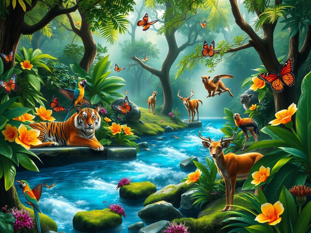 A Vibrant Jungle Scene Filled with Animals – free AI stock image