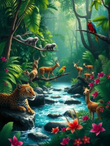 A Vibrant Jungle Scene with Diverse Animals – free AI stock image