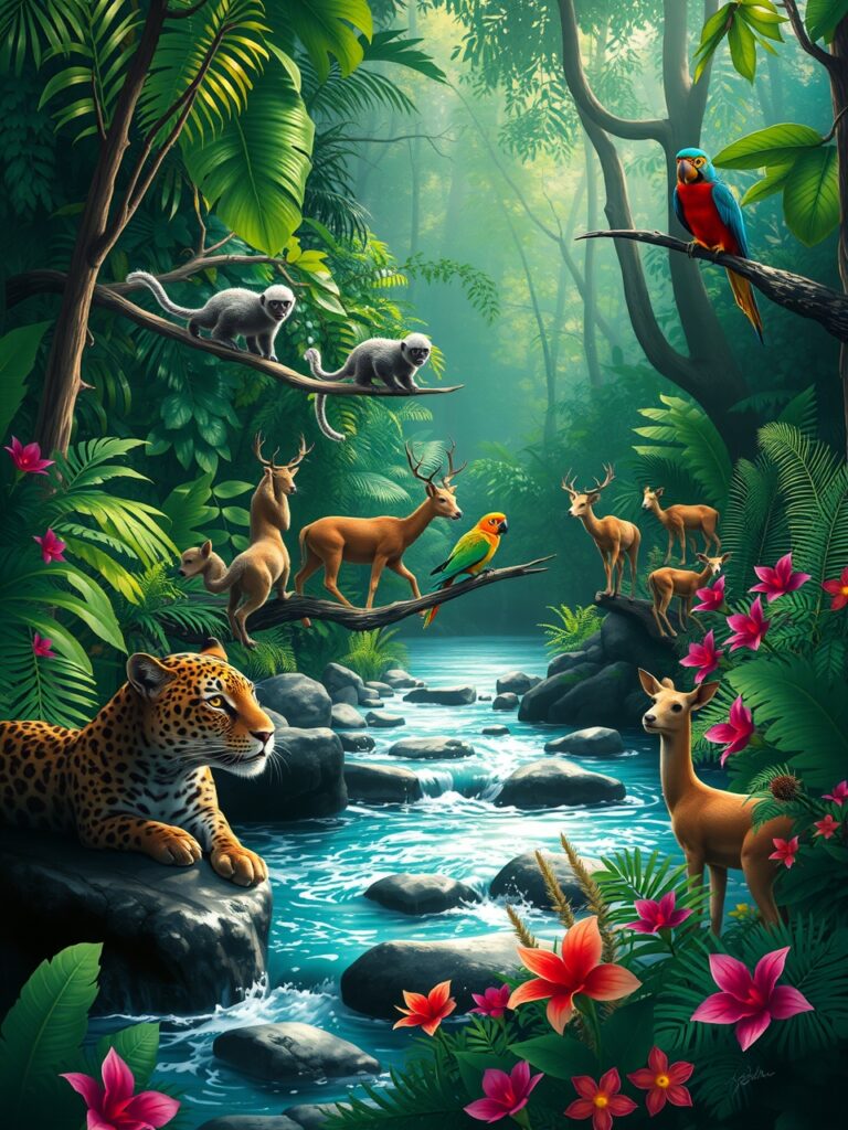 A Vibrant Jungle Scene with Diverse Animals – free AI stock image