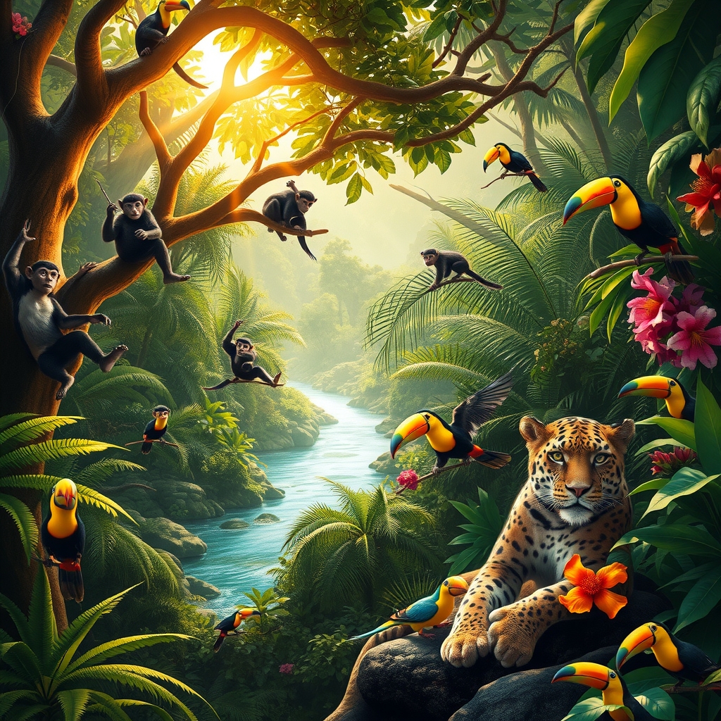 A Vibrant Jungle Scene with Diverse Animals – free AI stock image