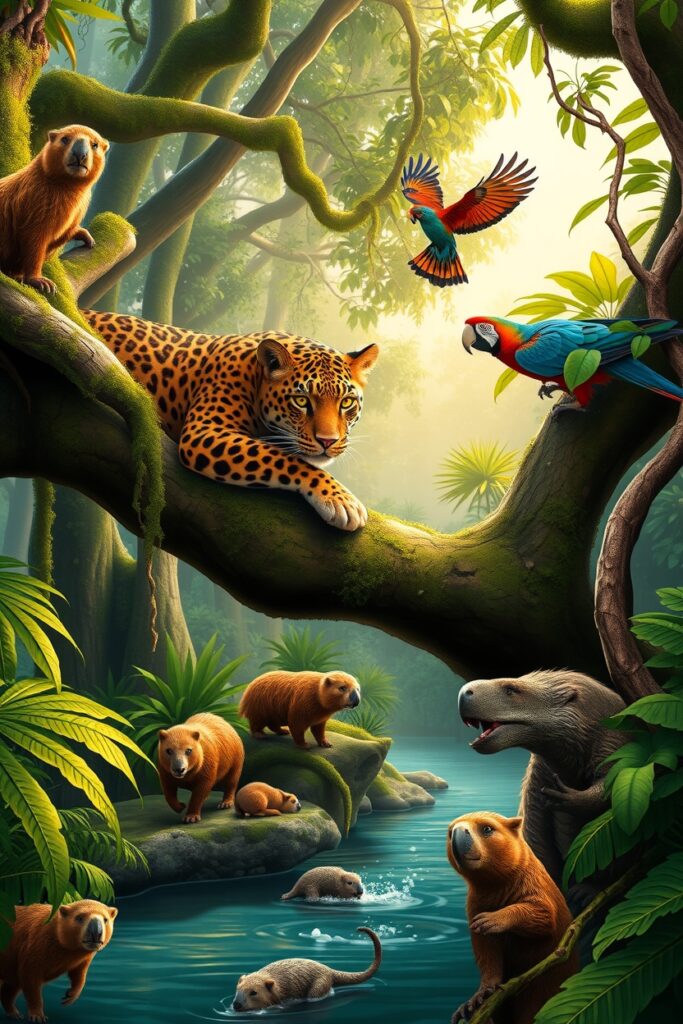 A Vibrant Jungle Scene with Exotic Animals – free AI stock image