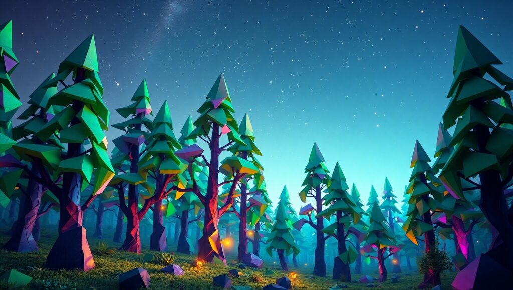 Vibrant Low-Poly Mystical Forest – free AI stock image