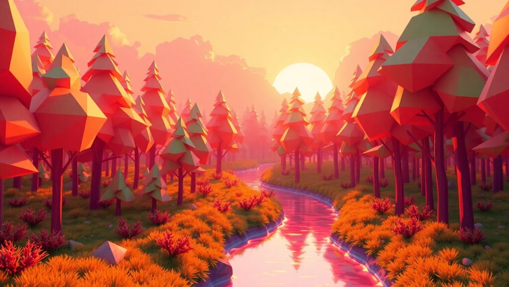 Vibrant Low-Poly Sunrise Forest – free AI stock image