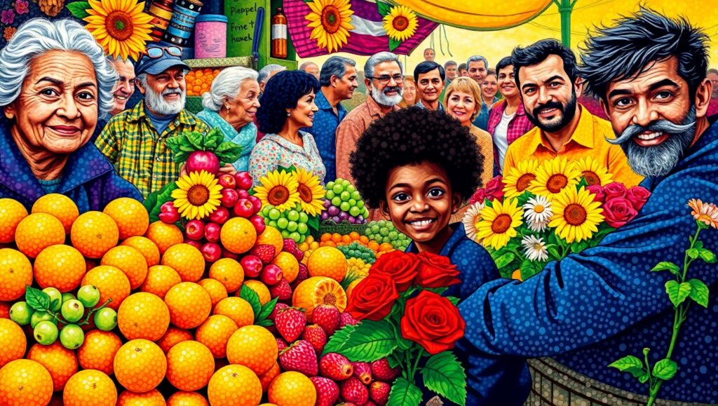 Vibrant Market in Pointillism Style – free AI stock image