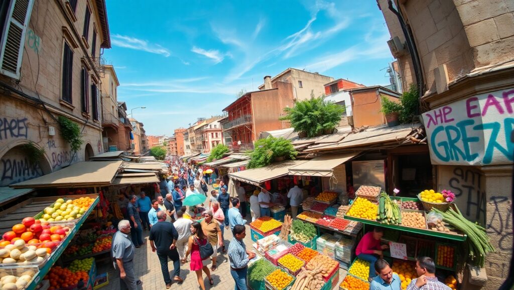 Vibrant Market Scene from Above – free AI stock image