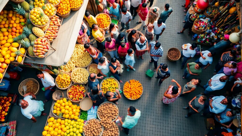 Vibrant Market Scene from Above – free AI stock image