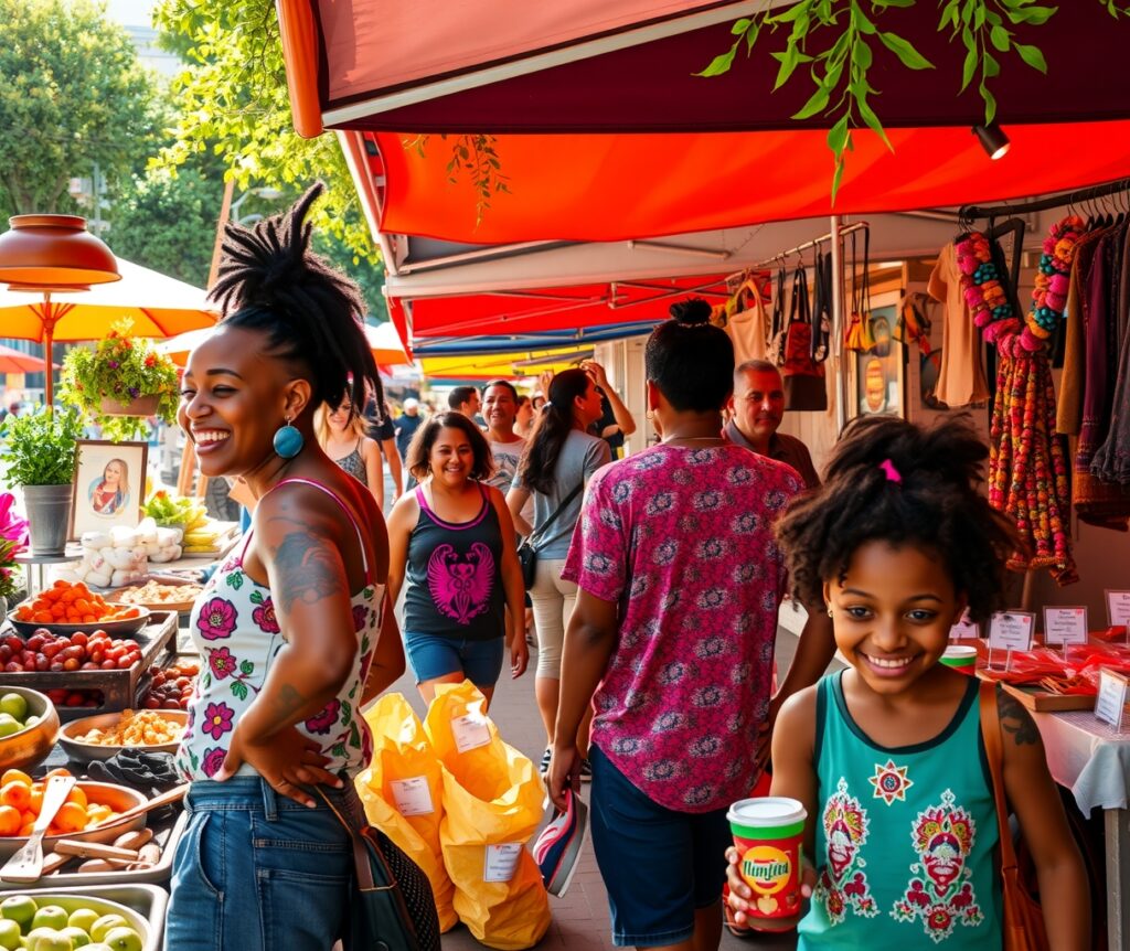 A Vibrant Market Scene with Diverse Shoppers – free AI stock image