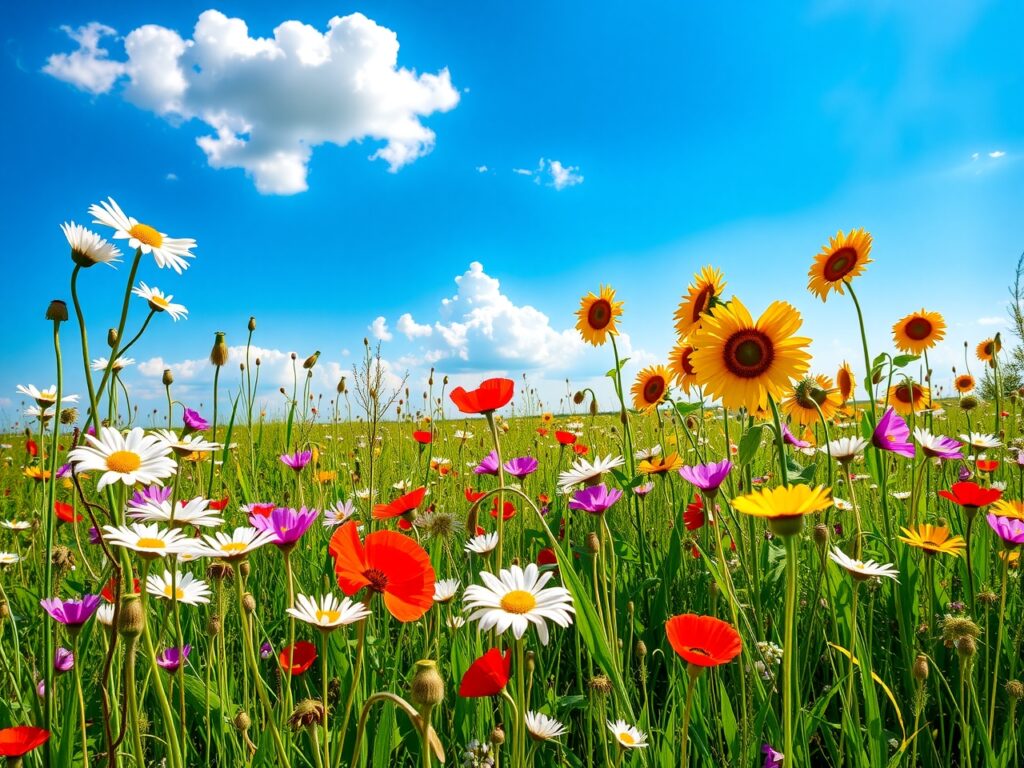 Vibrant Meadow Blooms Under Sunny Sky – free AI stock image