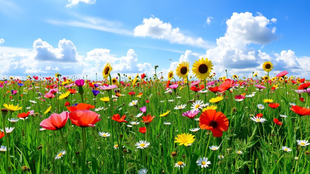 A Vibrant Meadow Filled with Wildflowers Under a Clear Blue Sky image – free AI stock image