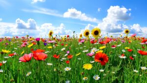 A Vibrant Meadow Filled with Wildflowers Under a Clear Blue Sky image – free AI stock image