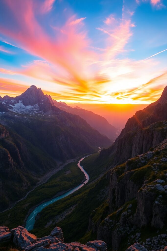 Vibrant Mountain Landscape at Sunset – free AI stock image