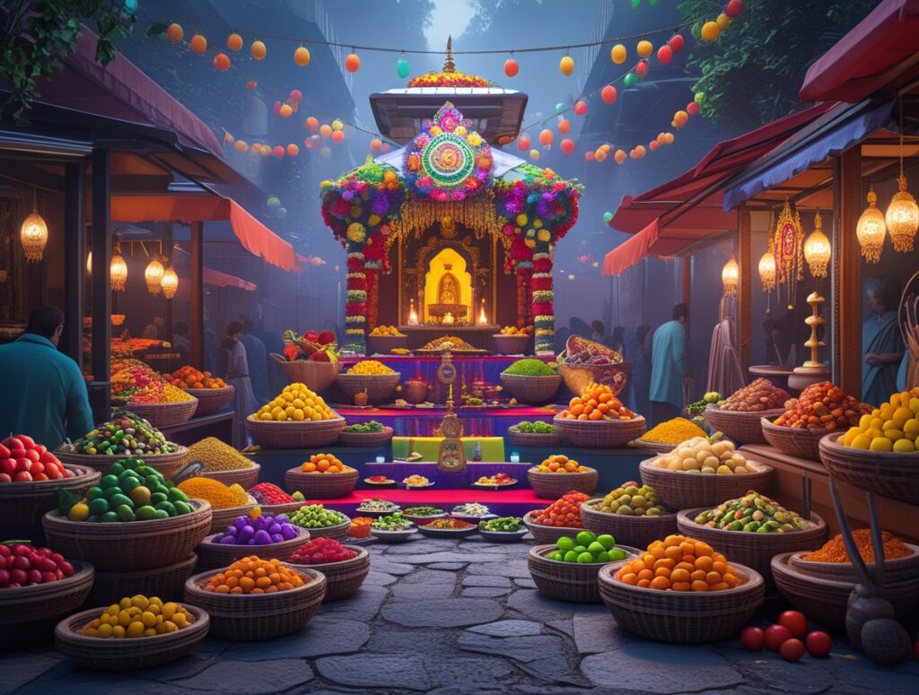 Vibrant Offerings at a Sacred Food Market – free AI stock image