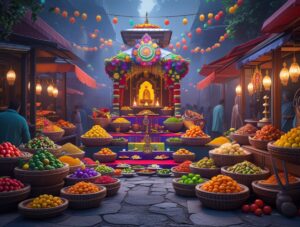 Vibrant Offerings at a Sacred Food Market – free AI stock image