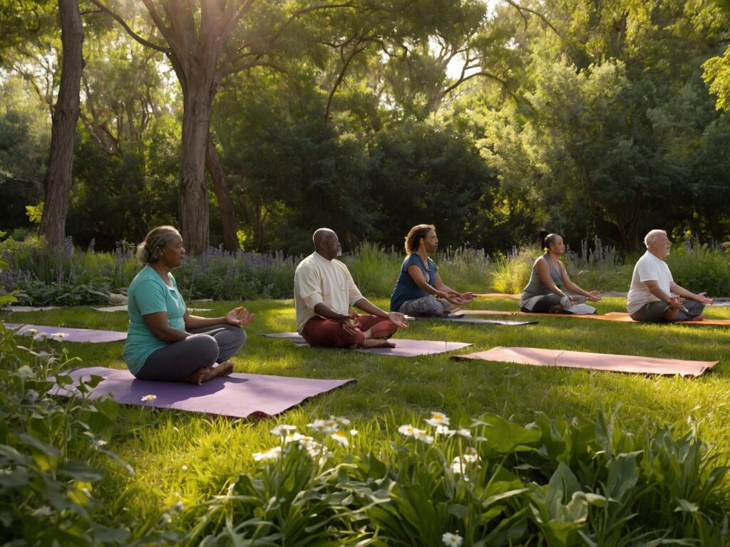 Vibrant Outdoor Yoga Session for Health – free AI stock image