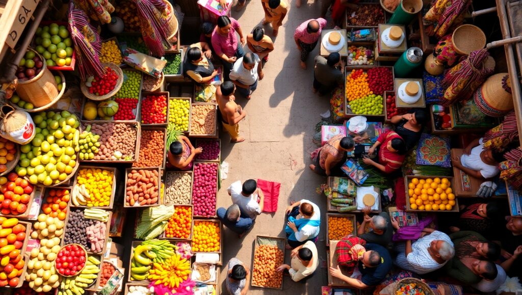 Vibrant Overhead Market Scene – free AI stock image