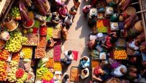 Vibrant Overhead Market Scene – free AI stock image