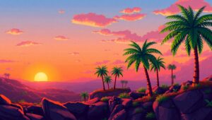 Vibrant Pixel Art Sunset Landscape – free AI stock image