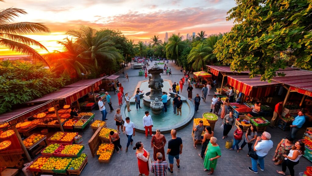 Vibrant Plaza at Sunset – free AI stock image