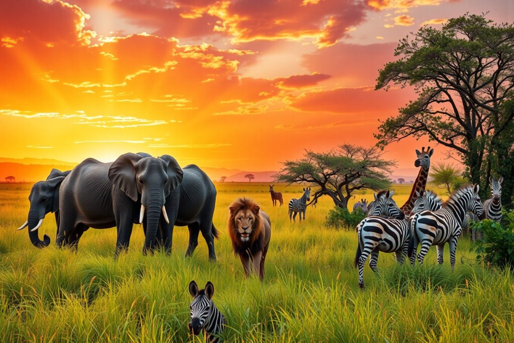 A Vibrant Safari Scene with Diverse Animals – free AI stock image