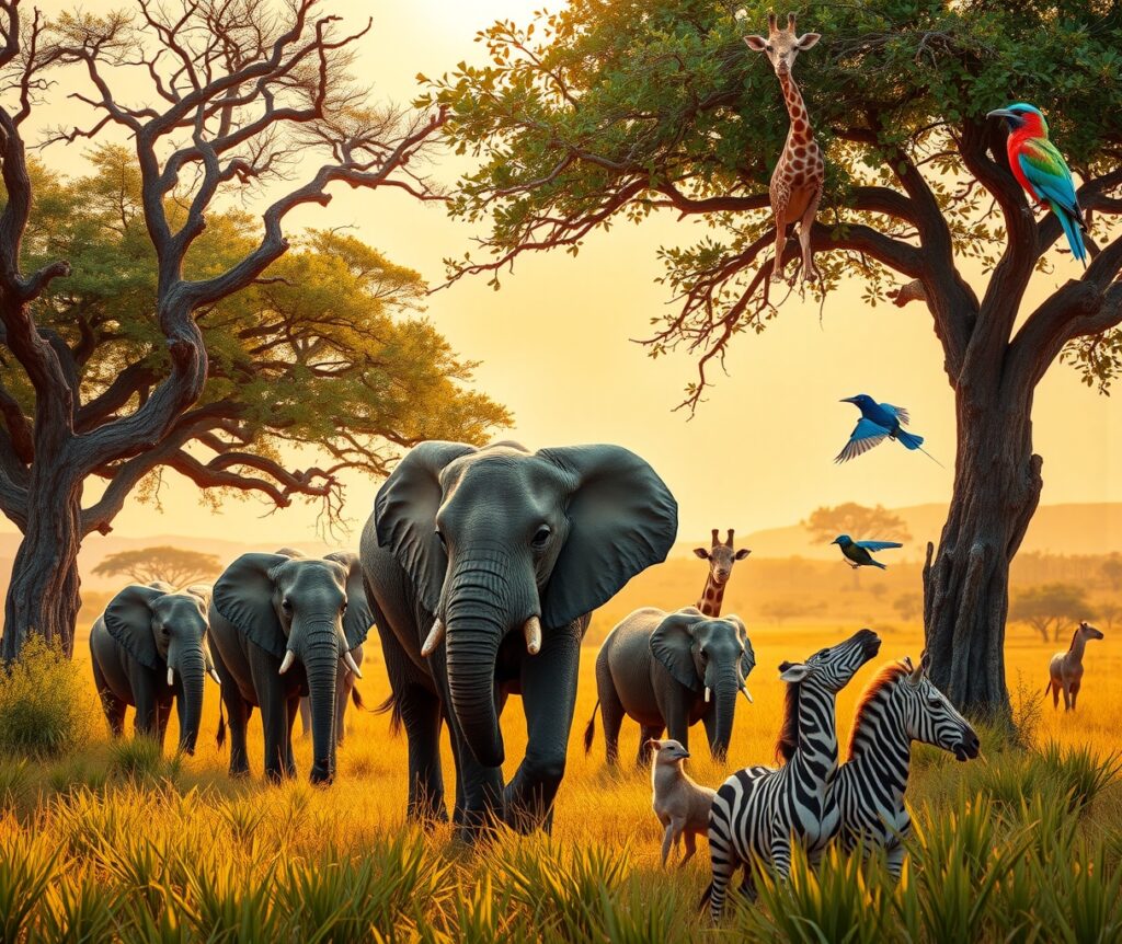 A Vibrant Safari Scene with Diverse Wildlife – free AI stock image