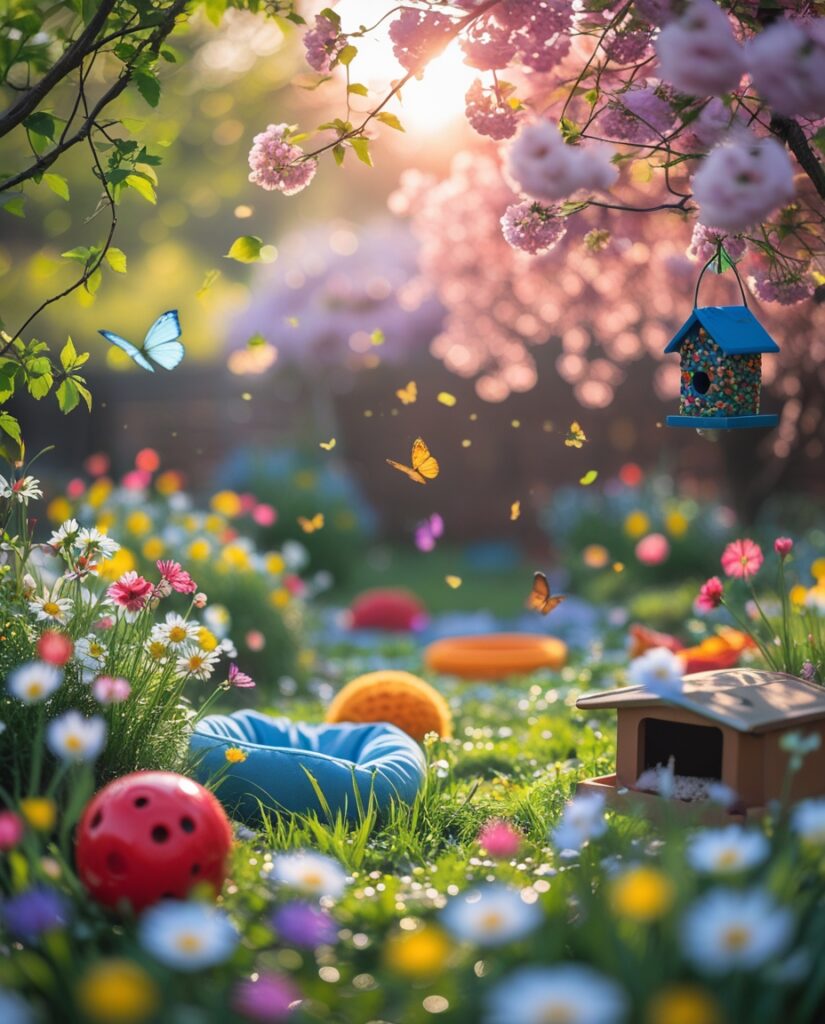 Vibrant Spring Garden with Pet Accessories – free AI stock image