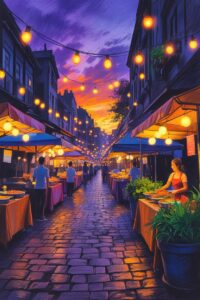Vibrant Street Food Market at Dusk – free AI stock image