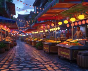 Vibrant Street Food Market at Dusk – free AI stock image