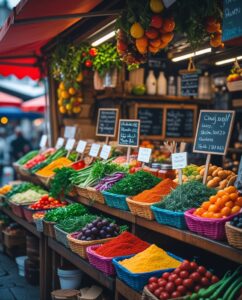 Vibrant Street Food Market Stall Display – free AI stock image
