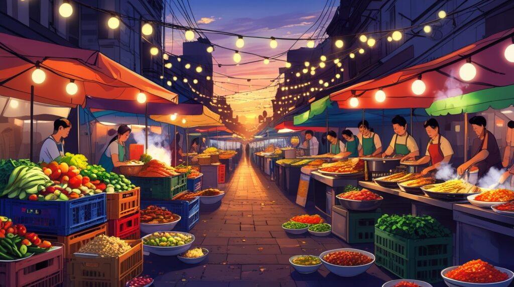 Vibrant Street Food Stalls at Dusk – free AI stock image