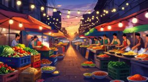 Vibrant Street Food Stalls at Dusk – free AI stock image