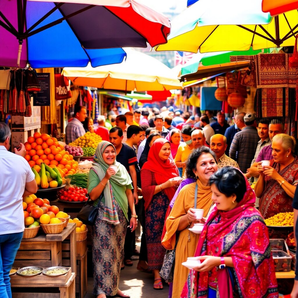 Vibrant Street Life in a Colorful Market – free AI stock image