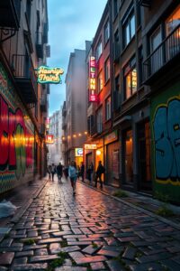 Vibrant Street Life in City Alley – free AI stock image
