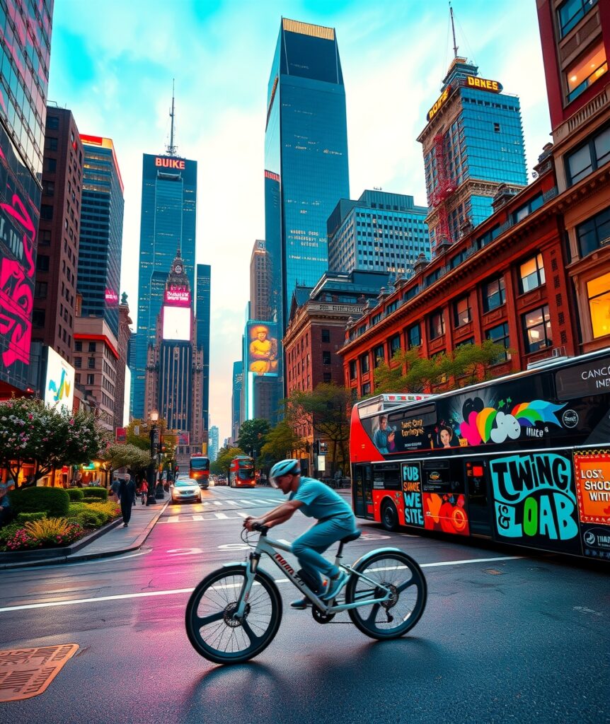 Vibrant Street Life in Modern Cityscape – free AI stock image