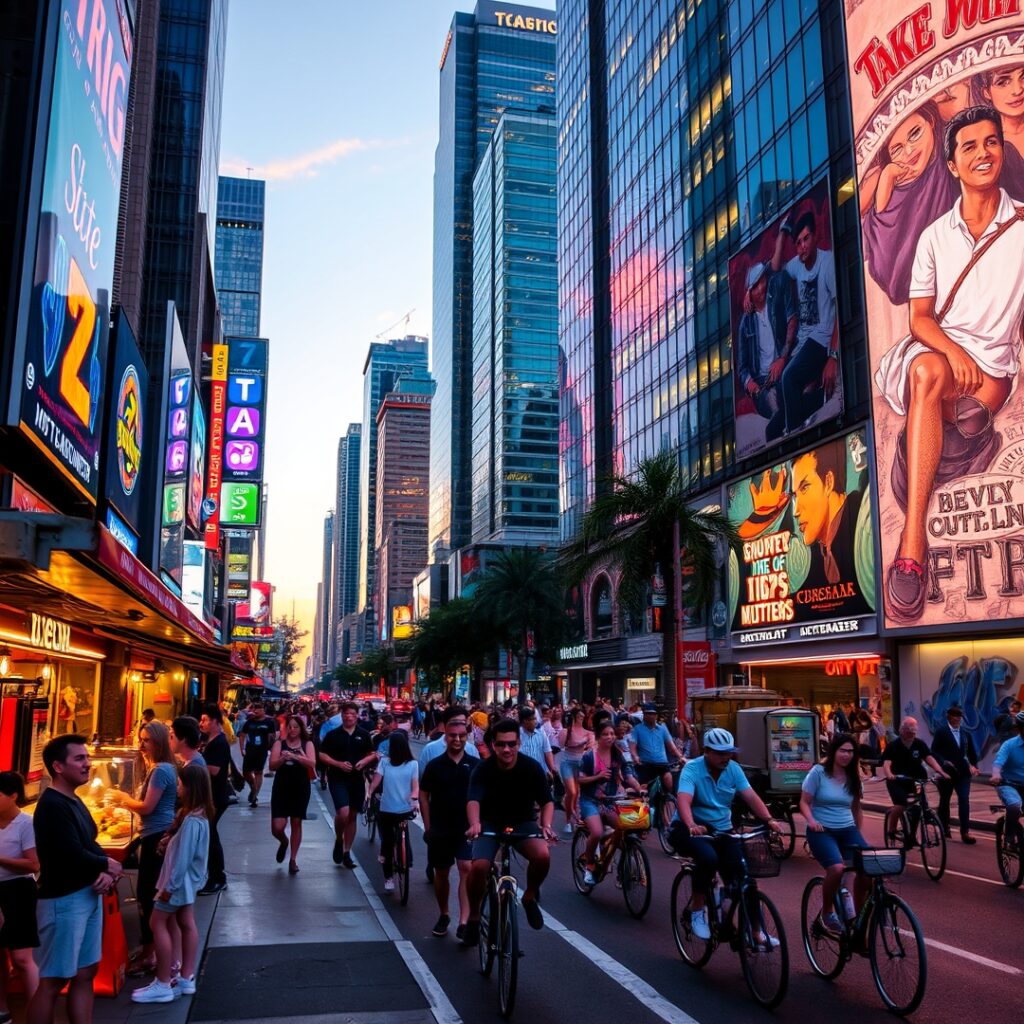 Vibrant Street Life in Urban Cityscape – free AI stock image