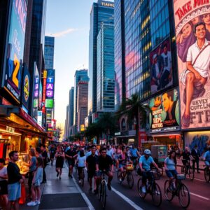 Vibrant Street Life in Urban Cityscape – free AI stock image