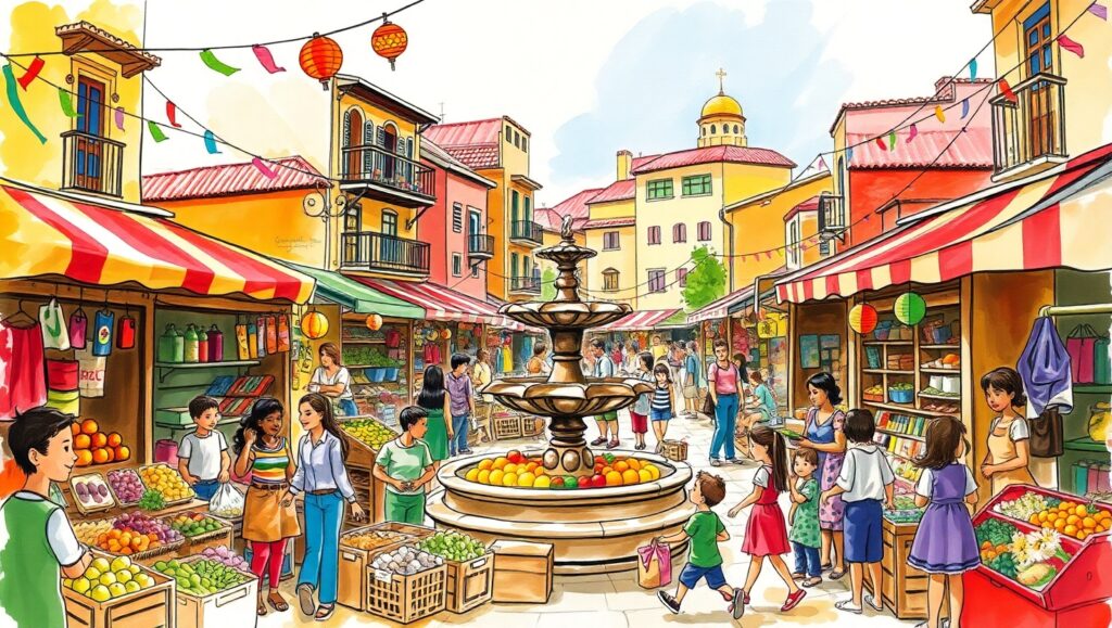 Vibrant Street Market in Color Sketch – free AI stock image