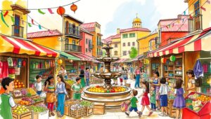 Vibrant Street Market in Color Sketch – free AI stock image
