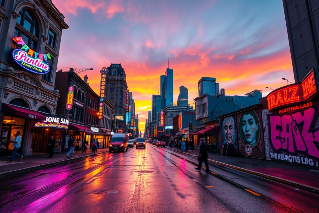 Vibrant Street Scene in Urban Center – free AI stock image