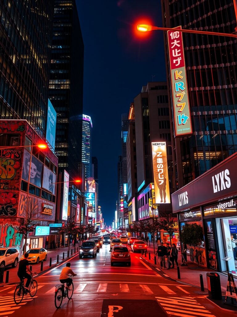 Vibrant Street Scene in Urban Landscape – free AI stock image
